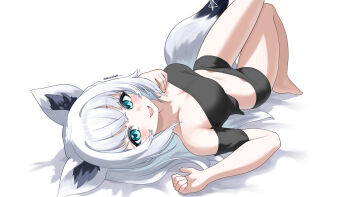 1girl absurdres animal_ears aqua_eyes bare_shoulders black_shirt black_shorts blush breasts cleavage collarbone commentary_request fox_ears fox_girl fox_tail hair_between_eyes highres hololive long_hair looking_at_viewer looking_up lying mazellan medium_breasts open_mouth pentagram shirakami_fubuki shirt short_shorts shorts simple_background smile solo tail virtual_youtuber white_background