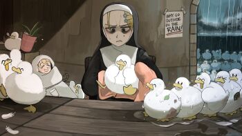 >_< 2girls ^_^ bags_under_eyes bird blonde_hair blue_eyes chicken closed_eyes clumsy_nun_(diva) commentary dirty diva_(hyxpk) drying duck english_commentary feathers flower habit hair_flower hair_ornament hairpin highres leaf little_nuns_(diva) mole mole_on_cheek mud multiple_girls nose_bubble note nun queue rain slice_of_life strict_nun_(diva) towel traditional_nun wet