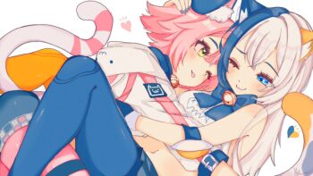 2girls :3 animal_ear_fluff animal_ears bare_shoulders bell blue_bow blue_bowtie blue_eyes blue_hair blue_nails blue_pantyhose blue_shorts blue_skirt blush bow bowtie cat_ears cat_girl cat_tail catrin_glitch character_request check_character closed_mouth commentary feet_out_of_frame fortnite hair_between_eyes hand_on_another's_head heart highres hood hooded_track_jacket jacket kurerin long_hair looking_at_another meg_(fortnite) midriff multicolored_hair multiple_girls nail_polish navel neck_bell one_eye_closed pantyhose pink_hair pink_pantyhose shirt short_hair shorts simple_background skirt sleeveless sleeveless_shirt striped_tail tail thigh_strap track_jacket two-tone_hair white_background white_hair white_jacket white_shirt yellow_eyes yuri