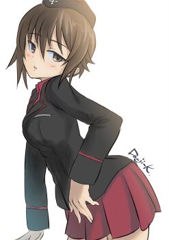 Rule 34 | arm support, artist name, black hat, black jacket, blush, breasts, brown eyes, brown hair, commentary request, cross, from side, garrison cap, girls und panzer, hair between eyes, hat, highres, iron cross, jacket, kuromorimine military uniform, kuroneko douji, large breasts, long sleeves, looking at viewer, military, military hat, military jacket, military uniform, nishizumi maho, pleated skirt, red shirt, red skirt, shirt, short hair, simple background, skirt, sunlight, turning head, white background