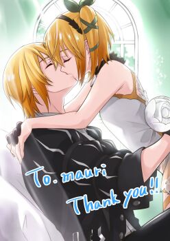 1boy 1girl black_choker blonde_hair brother_and_sister choker closed_eyes commentary commission dress edna_(tales) eizen_(tales) english_commentary english_text flower gloves green_ribbon hair_ribbon incest kiss ribbon runrui_kaku short_hair siblings side_ponytail single_glove skeb_commission tales_of_(series) tales_of_berseria tales_of_zestiria thank_you white_dress