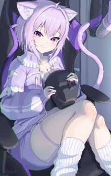 1girl absurdres ahoge animal_ears binaural_microphone black_camisole blush breasts camisole cat_ears cat_girl cat_tail chair cleavage closed_mouth commentary_request double-parted_bangs feet_out_of_frame gaming_chair hair_between_eyes highres hololive indoors jacket knee_blush knees_together_feet_apart knees_up looking_at_viewer loose_socks medium_breasts microphone nekomata_okayu nekomata_okayu_(membership) official_alternate_costume official_alternate_hairstyle purple_eyes purple_hair purple_jacket purple_shorts short_hair shorts signature sitting smile socks solo studio_microphone swivel_chair tail tebingo thigh_strap twitter_username two_side_up virtual_youtuber white_socks