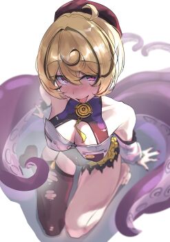 1girl absurdres ahoge bare_shoulders blonde_hair breasts cleavage collarbone hat highres kneeling large_breasts looking_at_viewer medium_hair open_mouth purple_eyes shorts single_thighhigh sitting skindentation solo tam_o&#039;_shanter tentacle_girl tentacles thigh_gap thighhighs thighs tora_(kumo_sakamoto) yidhari_murphy zenless_zone_zero zettai_ryouiki