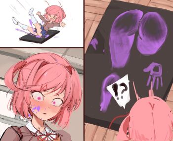 Rule 34 | !?, > <, 1girl, absurdres, blue skirt, blush, buttprint, canvas (object), comic, deformed, doki doki literature club, falling, floor, hair intakes, handprint, highres, left-to-right manga, natsuki (doki doki literature club), paint splatter, paint splatter on face, pink eyes, pink hair, pleated skirt, rakeemspoon, silent comic, skirt, solo, spoken interrobang, two side up, white background
