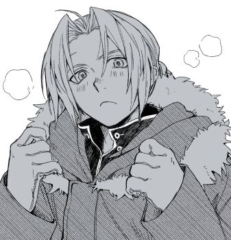 Rule 34 | 1boy, adjusting clothes, ahoge, black jacket, blush, closed mouth, coat, commentary request, edward elric, fullmetal alchemist, fur-trimmed coat, fur trim, gloves, highres, jacket, kgtjayo, light frown, looking at viewer, male focus, parted bangs, scar, scar on face, scar on forehead, solo, thighhighs, upper body, white background, white gloves, white thighhighs, winter clothes