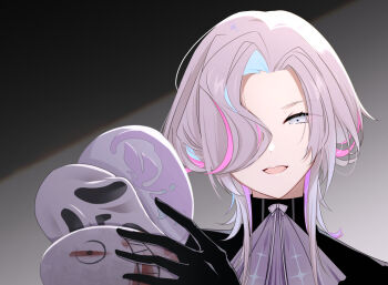 1boy :d ascot black_gloves black_shirt blue_hair dead_by_daylight ghostface gloves grey_eyes grey_hair hair_over_one_eye half-closed_eyes head_tilt holding holding_mask holostars looking_at_viewer male_focus mask medium_hair multicolored_hair nyokkiiiiin open_mouth pink_hair portrait purple_hair shade shirt smile solo straight-on streaked_hair teeth turtleneck upper_teeth_only utsugi_uyu virtual_youtuber