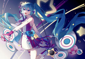 1girl :d absurdres aqua_hair arm_tattoo belt blue_eyes blue_gloves blue_necktie collared_dress commentary dress english_commentary gloves hair_ornament hatsune_miku headset heart highres kanvien leg_up long_hair lower_teeth_only magical_mirai_(vocaloid) magical_mirai_miku magical_mirai_miku_(2022) microphone_wand necktie number_tattoo open_mouth pink_dress pink_gloves pink_necktie pink_shoes rocket shoes sleeveless sleeveless_dress smile solo star_(symbol) star_hair_ornament tattoo teeth tongue twintails two-tone_dress two-tone_necktie very_long_hair vocaloid white_belt white_dress white_shoes