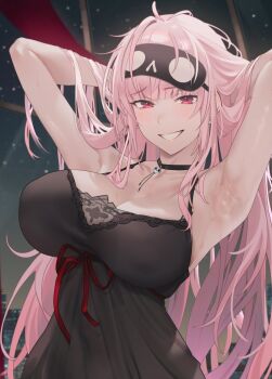 1girl :d armpits arms_behind_head black_choker black_nightgown breasts choker cleavage commentary empire_waist grin highres hololive hololive_english indoors kirachamo large_breasts long_hair looking_at_viewer mask mask_on_head messy_hair mori_calliope mori_calliope_(sleepwear) nightgown official_alternate_costume official_alternate_hairstyle open_mouth pendant_choker pink_eyes pink_hair sidelocks sleep_mask sleepwear smile solo symbol-only_commentary upper_body virtual_youtuber