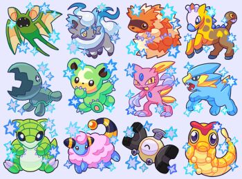 alternate_color bear bug caterpie claws electrike gen_1_pokemon gen_2_pokemon gen_3_pokemon girafarig giraffe hisuian_zorua holofoilswirl magnemite mareep nintendo open_mouth pokemon pokemon_(creature) sandshrew sheep shiny_pokemon sneasel sparkle teddiursa trapinch zigzagoon zubat