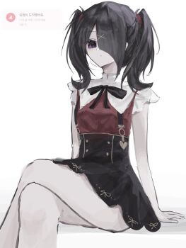 1girl ame-chan_(needy_girl_overdose) black_eyes black_hair chinese_text crossed_legs diagonal_bangs expressionless feet_out_of_frame hair_ornament hair_over_one_eye himexuime looking_at_viewer neck_ribbon needy_girl_overdose red_shirt ribbon shirt short_twintails sitting skirt solo suspender_skirt suspenders translation_request twintails winged_sleeves x_hair_ornament