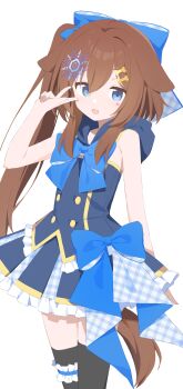 Rule 34 | 1girl, :d, absurdres, bare arms, bare shoulders, black thighhighs, blue bow, blue bowtie, blue eyes, blue shirt, blue skirt, bow, bowtie, brown hair, commentary request, cowboy shot, double-parted bangs, frilled skirt, frilled thigh strap, frills, gingham clothes, gingham skirt, hair between eyes, hair bow, hand up, highres, hood, hood down, long hair, looking at viewer, open mouth, original, pleated skirt, shirt, simple background, skirt, skirt bow, sleeveless, sleeveless shirt, smile, solo, thigh strap, thighhighs, urotsuki (ku9625), v, white background, zettai ryouiki