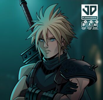 Rule 34 | 1boy, absurdres, aqua eyes, armor, artist name, bandaged arm, bandages, blonde hair, blurry, blurry background, buster sword, cloud strife, crossed arms, earrings, final fantasy, final fantasy vii, final fantasy vii remake, frown, furrowed brow, gloves, hair between eyes, highres, james diato, jewelry, looking at viewer, male focus, pauldrons, ribbed shirt, shirt, short hair, shoulder armor, single bare shoulder, single earring, single pauldron, sleeveless, sleeveless turtleneck, solo, spiked hair, suspenders, sword, sword on back, turtleneck, twitter username, upper body, weapon, weapon on back