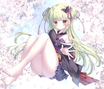 1girl absurdres artist_name bare_legs bare_shoulders black_kimono black_skirt blunt_bangs blunt_ends blush breasts butterfly_hair_ornament cherry_blossoms commentary criss-cross_halter day eyelashes eyes_visible_through_hair feet floating_hair full_body furrowed_brow green_hair hair_ornament hair_ribbon halterneck hands_up highres hime_cut invisible_chair japanese_clothes kimono knees_up legs long_hair long_ribbon looking_at_viewer miniskirt mofuuneko murasame_(senren) outdoors outstretched_hand parted_lips pleated_skirt purple_ribbon red_eyes red_sash ribbon sash senren_banka sidelocks sitting skirt sleeves_past_wrists small_breasts solo straight_hair thigh_focus thighs toes two_side_up very_long_hair wide_sleeves