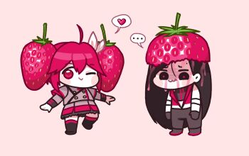 ... 2girls :3 ahoge black_boots black_eyes boots buttons chibi chibi_only double-breasted food food-themed_hair fruit fruit_hat full_body gloves grey_jacket grey_skirt heart highres jacket kasane_teto kasane_teto_(sv) long_hair long_sleeves looking_at_viewer multiple_girls one_eye_closed open_clothes open_vest pants pussy_juice_on_face red_eyes red_hair shaded_face simple_background skirt speech_bubble spoken_ellipsis spoken_heart standing strawberry strawberry_juice synthesizer_v takulai utau very_long_hair vest yi_xi_(synthesizer_v)