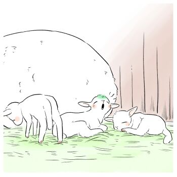 baby_animal barn betsu_aka2 boku_no_hero_academia bones_(company) dekusheep family freckles grass green_wool lamb midoriya_izuku newborn_baby sheep shounen_jump sitting sleeping wool yawning