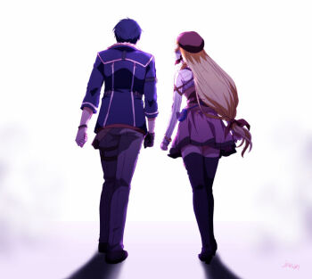 agnes_claudel artist_name beret black_hair black_thighhighs blonde_hair bracelet braid bun_with_braided_base commentary_request eiyuu_densetsu floating_hair from_behind full_body gloves hair_bun hat high_heels jacket jewelry kai_no_kiseki kuro_no_kiseki_(series) long_hair long_sleeves low-tied_long_hair pants red_hat ribbed_sweater shadow short_hair simple_background single_glove single_side_bun skirt sweater thighhighs van_arkride white_background wristband xiacheng_tatsuya