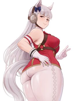 1girl absurdres animal_ears armband ass bare_shoulders blunt_bangs blush bow breasts brikot closed_mouth commentary dress ear_bow ear_ribbon gloves gold_ship_(red_strife)_(umamusume) gold_ship_(umamusume) grey_hair highres horse_ears horse_girl horse_tail indoors large_breasts long_hair looking_at_viewer looking_back missing_headwear pantyhose purple_eyes red_bow red_dress sleeveless sleeveless_dress smile solo striped_armband striped_clothes tail umamusume v white_background white_gloves white_pantyhose