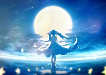 1girl ankle_boots aqua_hair back boots cloud commentary_request dress facing_away floating_hair from_behind full_moon hair_ribbon hatsune_miku horizon landscape light_particles long_hair moon reflection ribbon sakura1853 scenery shooting_star sky sleeveless sleeveless_dress solo star_(sky) star_(symbol) starry_sky twintails vocaloid white_dress