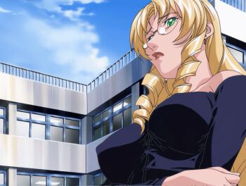 00s 2005 2girls animated animated_gif anime_screenshot bare_shoulders bible_black bible_black_new_testament blonde_hair breasts brown_hair crossed_arms drill_hair earrings glasses green_eyes imari_kurumi jewelry large_breasts lipstick long_hair long_sleeves makeup multiple_girls nipple_stimulation_through_clothes school shin_bible_black shiraki_rika side_ponytail tagme teacher