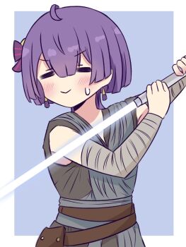 1girl =_= alternate_costume belt bernadetta_von_varley blue_background blush border brown_belt closed_eyes commentary cosplay earrings energy_sword english_commentary fire_emblem fire_emblem:_three_houses grey_robe highres hiro_kayama holding holding_sword holding_weapon jewelry lightsaber nintendo purple_hair rey_(star_wars) rey_(star_wars)_(cosplay) robe short_hair sleeveless_robe solo star_wars sword upper_body weapon white_border