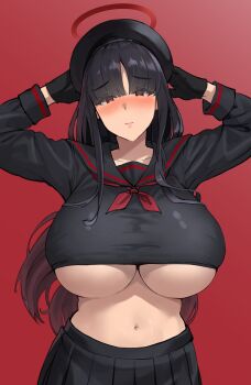 1girl 9eep absurdres alternate_breast_size_(larger) alternate_height arms_up beret black_gloves black_hair black_hat black_serafuku blue_archive blush breasts collarbone commentary gloves halo hat highres huge_breasts justice_task_force_member_(blue_archive) long_hair looking_at_viewer navel neckerchief nose_blush pleated_skirt red_background red_eyes red_halo red_neckerchief school_uniform serafuku simple_background skirt solo stomach underboob undersized_breast_cup very_long_hair