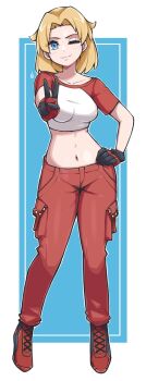 1girl black_gloves blonde_hair blue_background blue_eyes border breasts closed_mouth collarbone commentary commission crop_top cropped_shirt english_commentary full_body gloves hand_on_own_hip hand_up highres looking_at_viewer midriff navel one_eye_closed oninuer original outside_border pants red_pants red_shoes shirt shoes short_hair short_sleeves small_breasts solo v white_border white_shirt