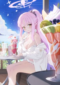1girl bikini blue_archive breasts cellphone choker clear_sky cleavage commentary_request cup food frilled_bikini frills fruit glass gyool halo highres holding holding_phone kiwi_(fruit) kiwi_slice large_breasts mika_(blue_archive) mika_(swimsuit)_(blue_archive) official_alternate_costume official_alternate_hairstyle parfait phone pink_hair pink_halo sitting sky smartphone solo strawberry_parfait swimsuit white_bikini white_choker yellow_eyes