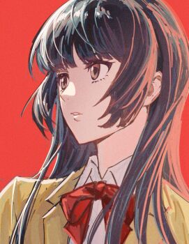 1girl black_hair brown_eyes collared_shirt commentary_request edaori highres jacket long_hair neck_ribbon open_clothes open_jacket persona persona_5 persona_5:_the_phantom_x red_background red_ribbon ribbon school_uniform shirt simple_background solo tanemura_riko white_shirt yellow_jacket
