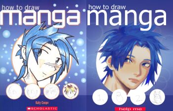 2boys bird blue-haired_boy_(how_to_draw_manga) blue_background blue_hair blue_theme blush closed_mouth cover cover_page derivative_work english_text forehead hair_intakes hair_tie how_to_draw_an_owl_(meme) how_to_draw_manga how_to_draw_manga_redraw_challenge_(meme) katy_coope light_blush looking_to_the_side male_focus matching_hair/eyes meme multiple_boys multiple_views nebu_(hjjjakc2311) nose_blush owl ponytail reference_work short_hair sidelocks two-tone-haired_boy_(how_to_draw_manga)