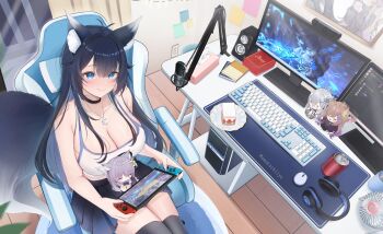 1girl animal_ear_fluff animal_ears bare_arms bare_shoulders black_choker black_hair black_skirt black_thighhighs blue_eyes breasts choker cleavage closed_mouth colored_inner_hair commission computer crop_top fox_ears fox_girl fox_tail from_above highres indie_virtual_youtuber indoors jewelry large_breasts long_hair looking_at_viewer midriff momokochiiyo multicolored_hair necklace nintendo_switch pleated_skirt shirt skirt sleeveless sleeveless_shirt smile solo tail thighhighs very_long_hair vgen_commission virtual_youtuber white_shirt