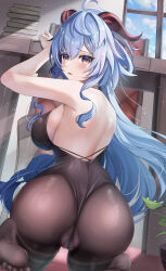 Rule 34 | 1girl, absurdres, ahoge, ass, back, backless outfit, bare shoulders, black leotard, black pantyhose, blue hair, blush, bodystocking, bodysuit, book, breasts, eitei (20041204), feet, from behind, ganyu (genshin impact), genshin impact, highres, horns, indoors, leotard, leotard under clothes, long hair, looking at viewer, looking back, low ponytail, medium breasts, pantyhose, parted lips, purple eyes, sideboob, solo, table, thighlet, window