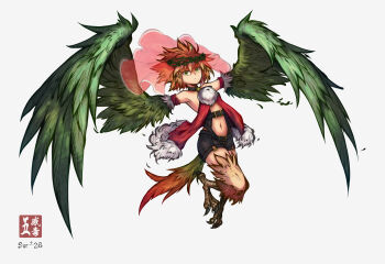 1girl artist_name bird_legs bird_tail clothing_cutout commentary_request crown_of_thorns feathered_wings feathers green_feathers green_wings harpy highres monster_girl navel original red_veil shorts simple_background solo stomach_cutout sur_plus_26 tail talons veil white_background winged_arms wings
