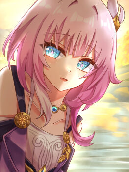 1girl bare_shoulders breasts coat commentary_request cyrene_(aedes_elysiae)_(honkai:_star_rail) cyrene_(honkai:_star_rail) dress hair_ornament highres honkai:_star_rail honkai_(series) jewelry looking_at_viewer multicolored_hair necklace ocean outdoors pink_hair purple_coat short_hair small_breasts solo tomoeflower421 two-tone_hair white_dress white_hair