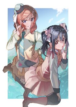 2girls :o \m/ absurdres black_hair black_thighhighs blue_necktie boots border bow bowtie brown_boots commentary diagonal-striped_clothes diagonal-striped_necktie flower grin hair_flower hair_ornament hand_on_own_hip highres inazuma_(elect_line) kneeling long_sleeves looking_at_viewer love_live! love_live!_school_idol_project love_live!_the_school_idol_movie medium_hair miniskirt multiple_girls necktie nishikino_maki official_alternate_costume outside_border pink_flower pink_skirt pink_vest purple_eyes red_eyes red_hair shirt sidelocks skirt smile striped_clothes sunny_day_song thighhighs twintails vest white_border white_shirt yazawa_nico yellow_bow yellow_bowtie