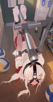1girl 240mmap absurdres arms_behind_back ball ball_gag bdsm blush bondage bound bound_arms bound_legs buruma cuffs drooling female_focus gag gag_harness gagged gym_storeroom highres hogtie indoors lock long_hair original padlock peril red_eyes restrained shackles shirt shorts skindentation socks solo suspension volleyball_(object) white_hair white_shirt white_socks