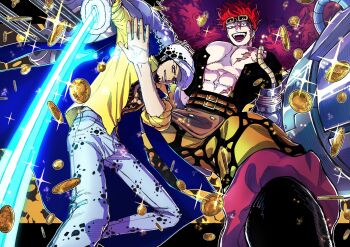 2boys black_hair chest_tattoo coin commentary_request denim eustass_kid facial_hair glint goatee goggles goggles_on_head hat highres holding holding_sword holding_weapon jeans looking_at_viewer male_focus mechanical_arms multiple_boys one_piece open_mouth pants red_hair scar scar_on_chest shirt single_mechanical_arm sleeves_rolled_up smile sword tagawa_jiro tattoo trafalgar_law weapon yellow_shirt