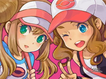 2girls :d art_academy_(medium) baseball_cap black_vest blue_eyes brown_hair collarbone commentary_request green_eyes hair_bun hat hilda_(pokemon) multiple_girls nintendo one_eye_closed open_clothes open_mouth open_vest pokemon pokemon_bw pokemon_bw2 raglan_sleeves rosa_(pokemon) round_teeth saikachi_(ogre_tree) sidelocks smile teeth upper_teeth_only v vest visor_cap wristband