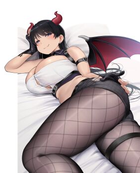 1girl arato_nagi bare_shoulders belt black_gloves black_hair blue_eyes blush breasts brown_pantyhose cleavage commentary_request demon_horns demon_wings earrings fishnet_pantyhose fishnets gloves highres horns jewelry large_breasts long_hair looking_at_viewer lying official_alternate_costume on_side pantyhose ruri_no_houseki smile solo stud_earrings thighs wa_(genryusui) wings