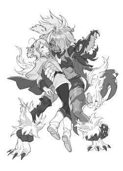 2girls absurdres alternate_form androgynous animal_ears animal_nose aura breasts crossdressing crossdressing_(ftm) dark_aura dark_persona dog_ears dog_girl dual_persona fire_emblem fire_emblem_shadows full_body greyscale highres kurt_(fire_emblem) long_hair messy_hair monochrome multiple_girls nintendo simple_background tail takahai81 white_background wolf wolf_ears wolf_tail