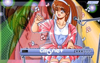 Rule 34 | 1girl, artist logo, belt, brown eyes, brown hair, cable, collarbone, commentary request, cowboy shot, dated, dated commentary, dithering, dress, earrings, earth (earth cg gallery), hair between eyes, hairband, hand up, happy, instrument, jewelry, keyboard (instrument), logo, long hair, microphone, microphone stand, music, musical note, one eye closed, open clothes, open dress, open mouth, original, outline, panties, pantyshot, pc-98 (style), pink belt, pink dress, pink thighhighs, pixel art, playing instrument, puffy short sleeves, puffy sleeves, shirt, short dress, short sleeves, singing, smile, solo, stage lights, standing, star (symbol), star earrings, straight-on, teeth, thigh gap, thighhighs, turning head, underwear, upper teeth only, white hairband, white outline, white panties, white shirt, zoom layer