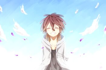 1boy arms_behind_back brown_hair closed_eyes cloud collarbone commentary_request dog_tags doug_(gangsta) dreadlocks freckles gangsta highres hood hooded_jacket jacket jewelry male_focus medium_hair nallck_6v6_(nothy-nn) necklace petals shirt smile solo teeth upper_body