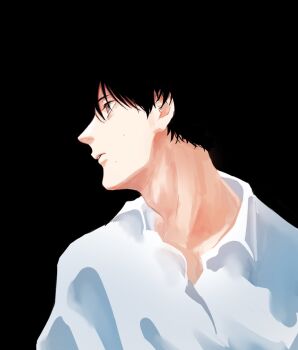1boy adam&#039;s_apple black_background black_hair blending collared_shirt from_side hashtag-only_commentary hikaru_ga_shinda_natsu lips male_focus mole mole_on_cheek mole_under_mouth multiple_moles nose parted_lips shirt short_hair simple_background skmori solo teeth tsujinaka_yoshiki upper_body white_shirt