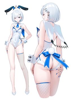 1girl animal_ears ass blue_eyes blue_nails blush breasts closed_mouth commentary_request covered_navel ear_piercing fake_animal_ears fake_tail fishnet_thighhighs fishnets from_behind full_body gluteal_fold hair_ornament hairclip hand_on_own_hip highres leotard looking_at_viewer nail_polish original piercing playboy_bunny rabbit_ears rabbit_tail short_hair simple_background small_breasts standing suraimu_(suraimuraimu) tail thighhighs thighs white_background white_hair white_leotard wrist_cuffs