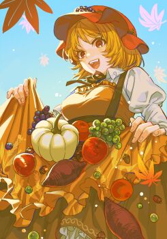 Rule 34 | 1girl, aki minoriko, apple, apron, autumn leaves, blonde hair, breasts, brown skirt, collared shirt, falling leaves, food, food request, frilled skirt, frills, fruit, grape hat ornament, grapes, hat, highres, juliet sleeves, leaf, long sleeves, medium breasts, mob cap, noriuma, open mouth, orange apron, puffy sleeves, shirt, skirt, smile, solo, sweet potato, teeth, touhou, upper teeth only, white shirt