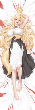 1girl apron arm_under_breasts armpits barefoot black_apron blonde_hair blush breasts claw_mark claws cleavage dakimakura_(medium) dress frederica_baumann full_body green_eyes hair_between_eyes heart heart-shaped_pupils highres large_breasts long_hair looking_at_viewer lying maid maid_headdress on_back on_bed open_mouth re:zero_kara_hajimeru_isekai_seikatsu sharp_teeth smile solo symbol-shaped_pupils tail teeth toes tongue tongue_out washout008 white_dress