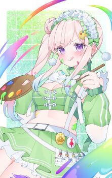 1girl :q airani_iofifteen belt bow breasts cleavage cleavage_cutout clothing_cutout commission green_bow green_skirt grey_hair hair_bun highres holding holding_paintbrush hololive hololive_indonesia long_hair long_sleeves midriff mumei_rinnka paint_on_body paint_palette paintbrush palette_hair_ornament pleated_skirt pom_pom_(clothes) purple_eyes side_ponytail skeb_commission skirt solo suspenders tongue tongue_out virtual_youtuber white_belt