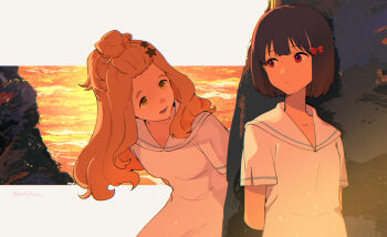 Rule 34 | 2girls, black hair, bow, breasts, brown hair, closed mouth, collarbone, hair bow, hair ornament, hibike! euphonium, highres, hisaishi kanade, kenzaki ririka, long hair, multiple girls, open mouth, outdoors, ratifuu, red bow, red eyes, rock, shirt, short hair, short sleeves, small breasts, smile, star (symbol), star hair ornament, teeth, upper body, white shirt, yellow eyes