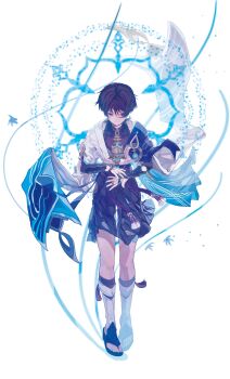 1boy absurdres anemo_symbol_(genshin_impact) armor bell belt black_belt black_bodysuit black_bow black_bridal_gauntlets black_hair black_sandals black_shorts blue_cape blue_gemstone blue_halo blue_kimono blue_sleeves blunt_ends bodysuit bow bridal_gauntlets bridal_legwear cape closed_mouth covered_collarbone dfish2_0 eyeliner eyeshadow feathers floating floating_object floating_weapon full_body furisode gem genshin_impact gold gold_ring hakama hakama_shorts halo halo_behind_head hands_up highres japanese_armor japanese_clothes juban kimono kote kurokote layered_sleeves leg_warmers looking_at_viewer magic_circle makeup male_focus middle_ring open_clothes open_hands open_kimono pleated_shorts pom_pom_(clothes) purple_eyes purple_rope red_eyeliner red_eyeshadow rope sandals scaramouche_(genshin_impact) short_sleeves shorts shoulder_peek solo stirrup_legwear tassel toeless_legwear toenails toes tsurime tulaytullah&#039;s_remembrance_(genshin_impact) turtleneck turtleneck_bodysuit wanderer_(genshin_impact) white_background white_kimono white_leg_warmers white_sleeves white_trim wispy_bangs yellow_feathers zouri