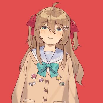 1girl ahoge aqua_bow aqua_bowtie blue_eyes blue_sailor_collar blush bow bowtie brown_hair cardigan closed_mouth double-parted_bangs hair_between_eyes hair_ornament hair_ribbon half-closed_eyes heart heart_hair_ornament highres long_hair looking_at_viewer neuro-sama pocket red_background ribbon rikokoooou sailor_collar simple_background smile solo two_side_up upper_body vedal_ai yellow_cardigan