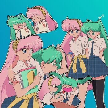 1990s_(style) 2girls alternate_costume aqua_eyes aqua_hair black_thighhighs blue_background blue_eyes blue_necktie blue_skirt book breasts cardigan cardigan_around_waist chopsticks closed_eyes closed_mouth clothes_around_waist collared_shirt commentary_request earphones earrings fang feeding foot_out_of_frame hairband hatsune_miku highres holding holding_book holding_chopsticks iganhi85ft29877 jewelry long_hair medium_breasts megurine_luka miniskirt multiple_girls musical_note necktie open_mouth outline pink_hair plaid_clothes plaid_skirt pleated_skirt pocket puff_of_air retro_artstyle shared_earphones shirt short_sleeves simple_background skirt small_breasts standing stud_earrings thighhighs twintails unmoving_pattern very_long_hair vocaloid white_outline white_shirt wing_collar yellow_hairband